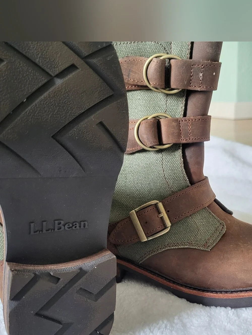 Brown Leather and Olive Canvas Buckle Boots